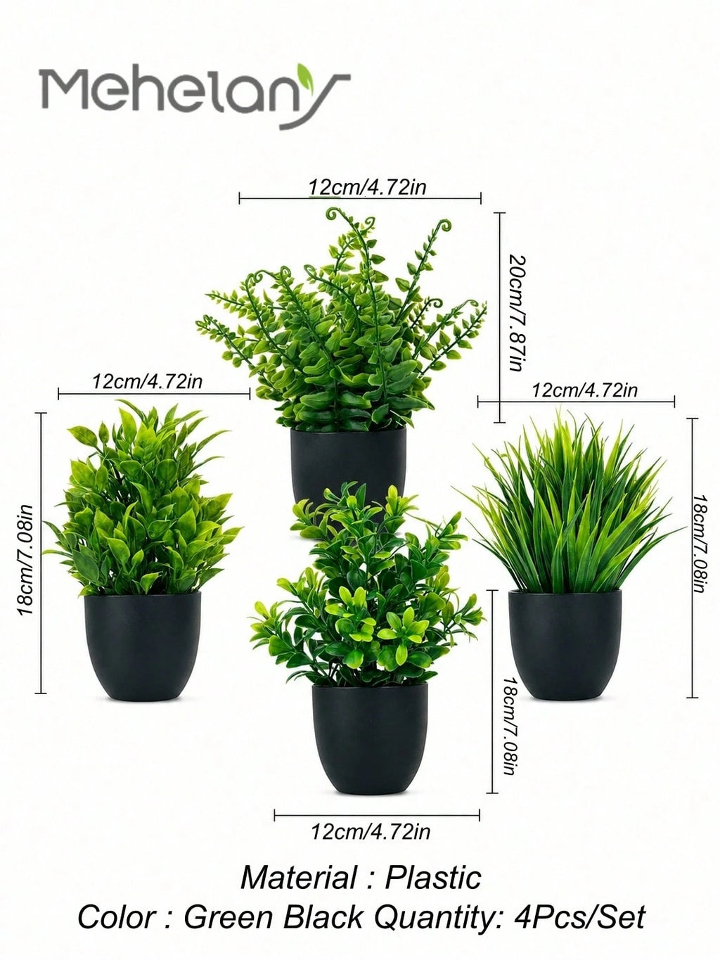 4 pc Artificial Plants, Green Artificial Potted Plants, Artificial Flower Pots, Plastic Artificial Flower Pots