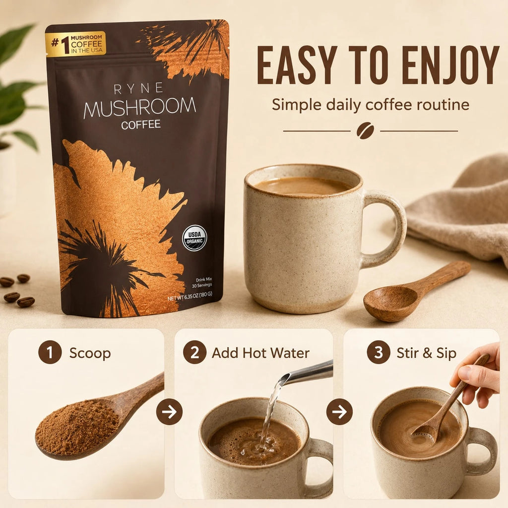 Organic Mushroom Coffee By RYNE 30 Servings 6 Powerful Mushroom Complex Clean Energy