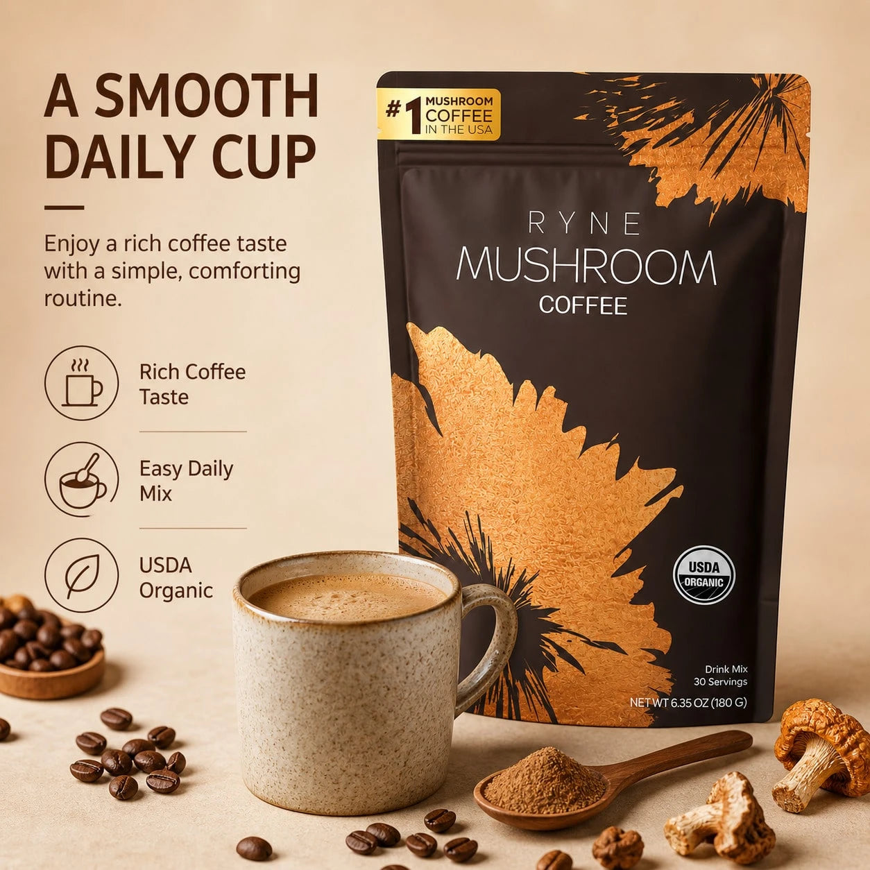 Organic Mushroom Coffee By RYNE 30 Servings 6 Powerful Mushroom Complex Clean Energy