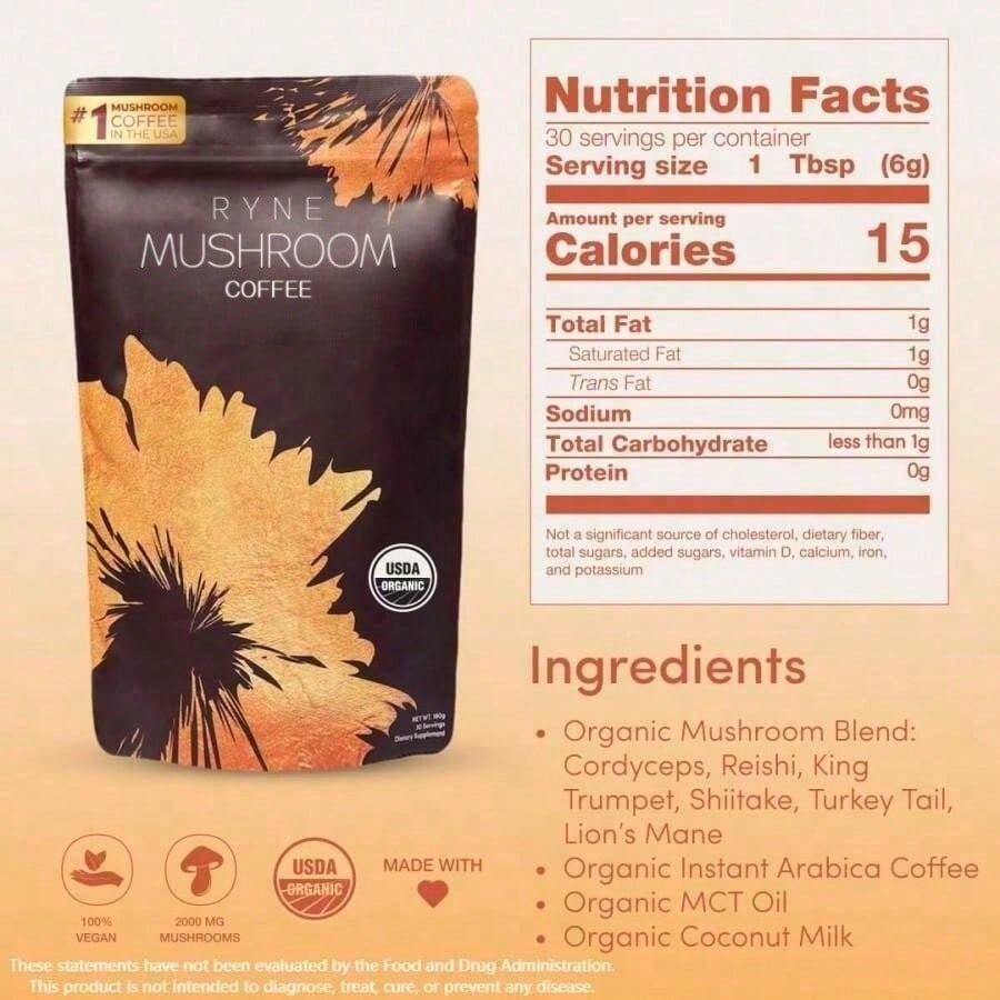 Organic Mushroom Coffee By RYNE 30 Servings 6 Powerful Mushroom Complex Clean Energy