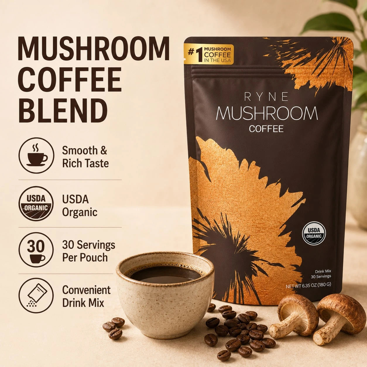 Organic Mushroom Coffee By RYNE 30 Servings 6 Powerful Mushroom Complex Clean Energy