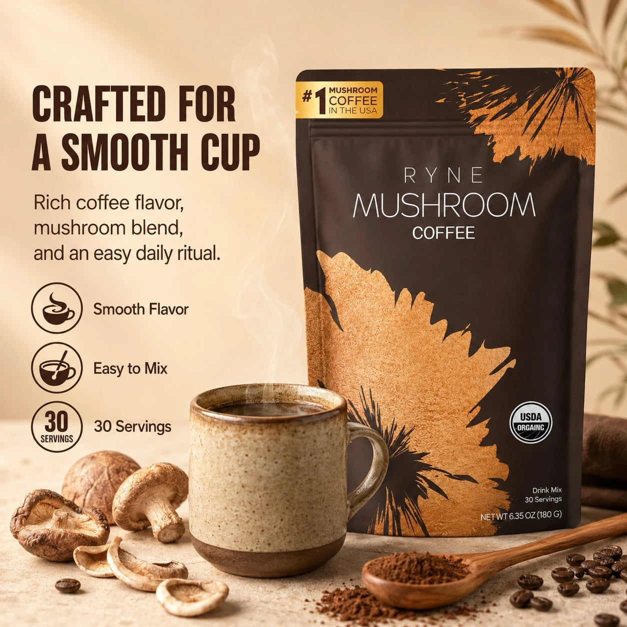 Organic Mushroom Coffee By RYNE 30 Servings 6 Powerful Mushroom Complex Clean Energy