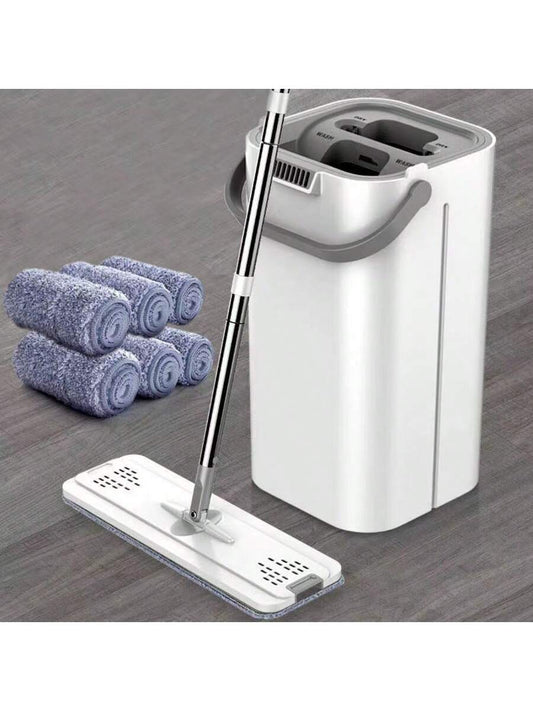 Mop And Bucket With Wringer Set, Hands Free Flat Floor Mop And Bucket, 6 Washable Microfiber Pads Included, Wet And Dry Use, Home Floor Cleaning System For All Floor Types And Windows