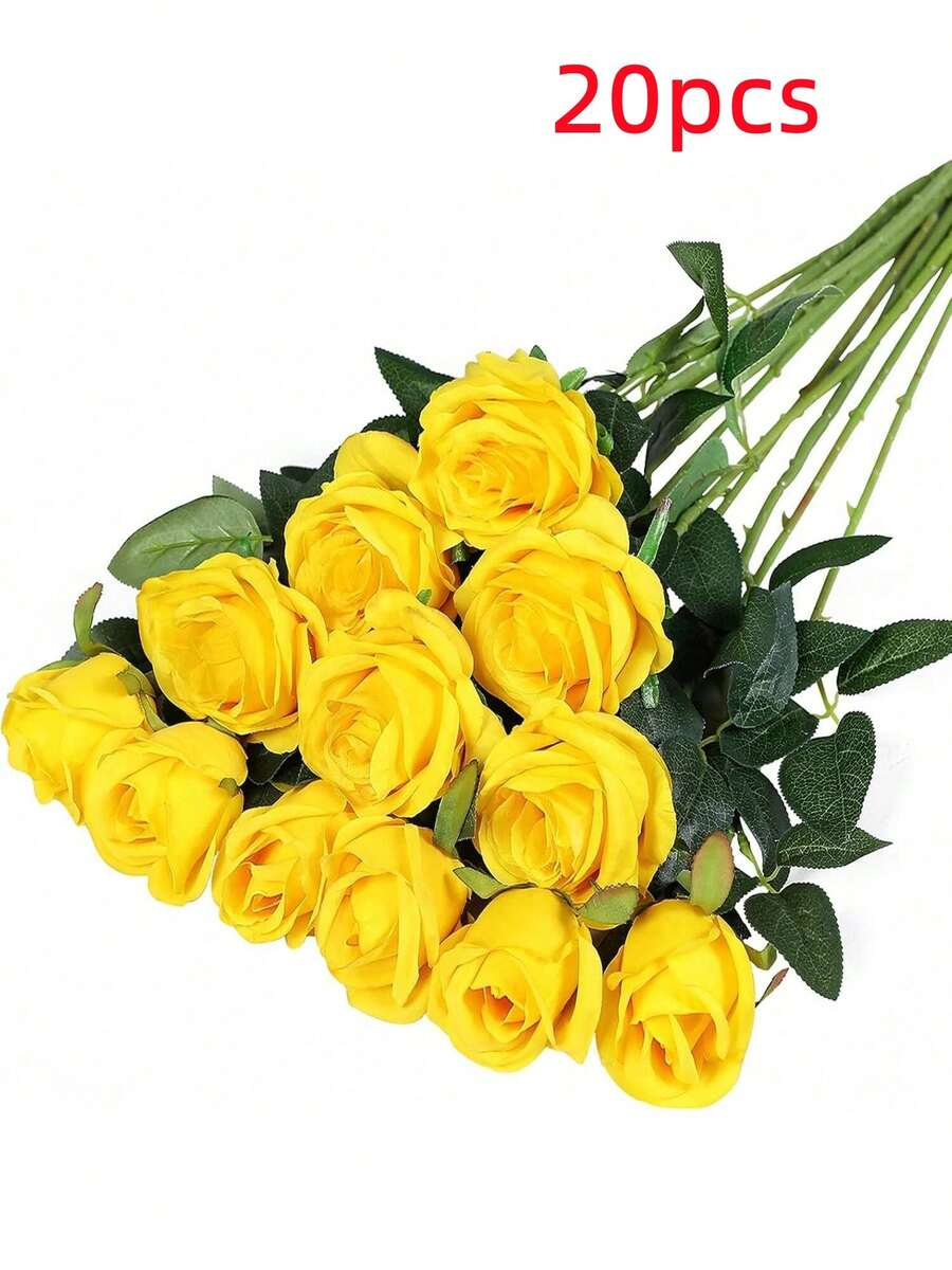 20pcs Yellow 20-Inch Artificial Rose Flowers, High-End Fake Roses