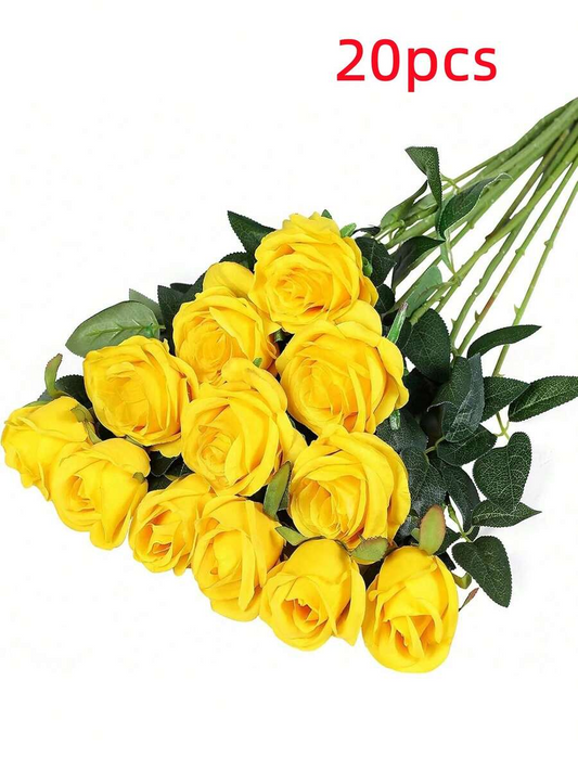20pcs Yellow 20-Inch Artificial Rose Flowers, High-End Fake Roses, Suitable For Home Decor, Room Decor, Dining Table Decor, Wedding Decor, Bridal Bouquet, Wrist Corsage, Flower Arrangement. Suitable For Home, Restaurant, Bedroom, Vase Decoration