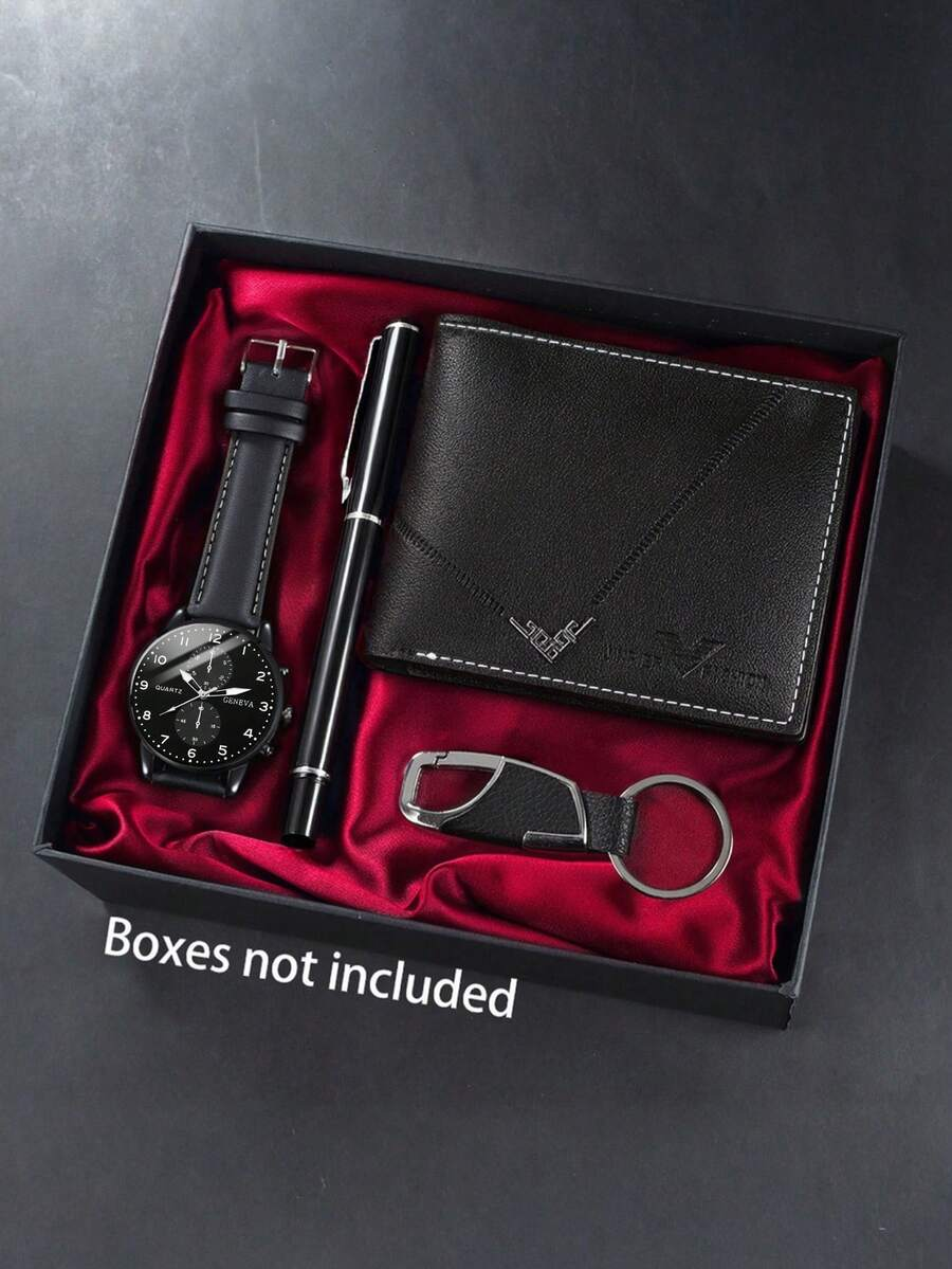 4pcs/Set Men's Casual Fashion Round Pointer PU Leather Quartz Watch, Wallet, Pen, Keychain Combination Set, Suitable For Daily Wear, Ideal For Men's Birthday/Holiday Gifts, Parties, Valentine's Day, Father's Day, Gifts For Friends And Family