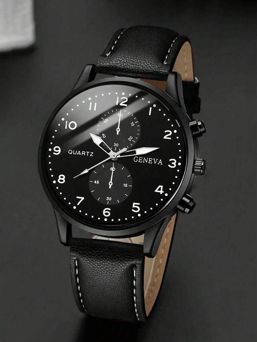 4pcs/Set Men's Casual Fashion Round Pointer PU Leather Quartz Watch, Wallet, Pen, Keychain Combination Set, Suitable For Daily Wear, Ideal For Men's Birthday/Holiday Gifts, Parties, Valentine's Day, Father's Day, Gifts For Friends And Family