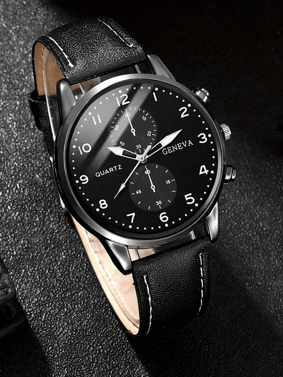 4pcs/Set Men's Casual Fashion Round Pointer PU Leather Quartz Watch, Wallet, Pen, Keychain Combination Set, Suitable For Daily Wear, Ideal For Men's Birthday/Holiday Gifts, Parties, Valentine's Day, Father's Day, Gifts For Friends And Family