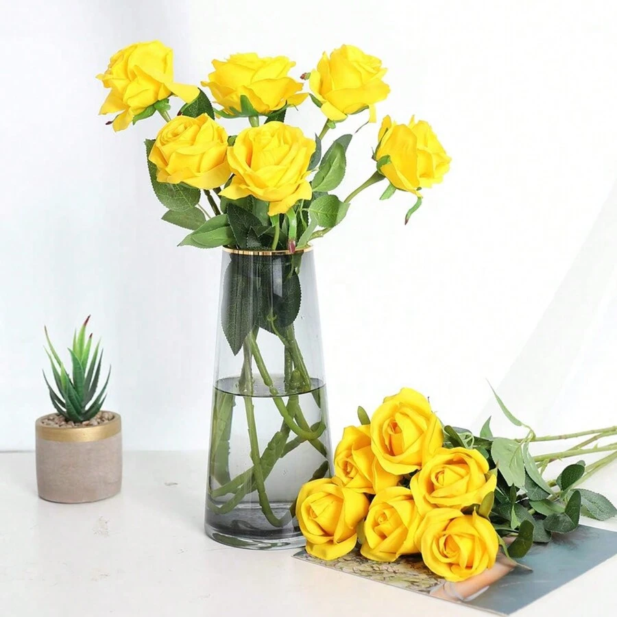 20pcs Yellow 20-Inch Artificial Rose Flowers, High-End Fake Roses