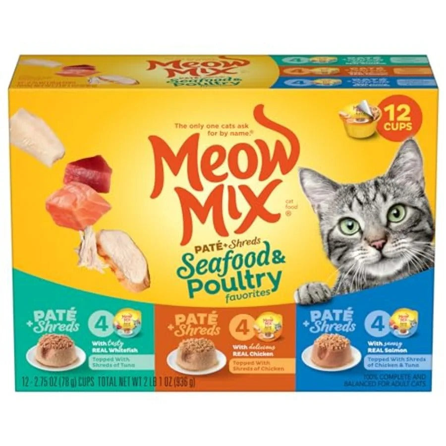 Paté and Shreds Wet Cat Food Variety Pack, Seafood and Poultry Favorites, 2.75 Ounce Cup Pack of 12