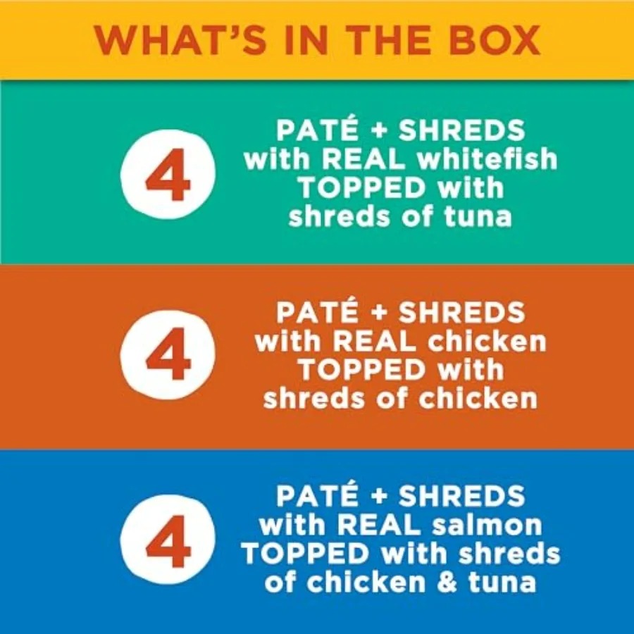 Paté and Shreds Wet Cat Food Variety Pack, Seafood and Poultry Favorites, 2.75 Ounce Cup Pack of 12