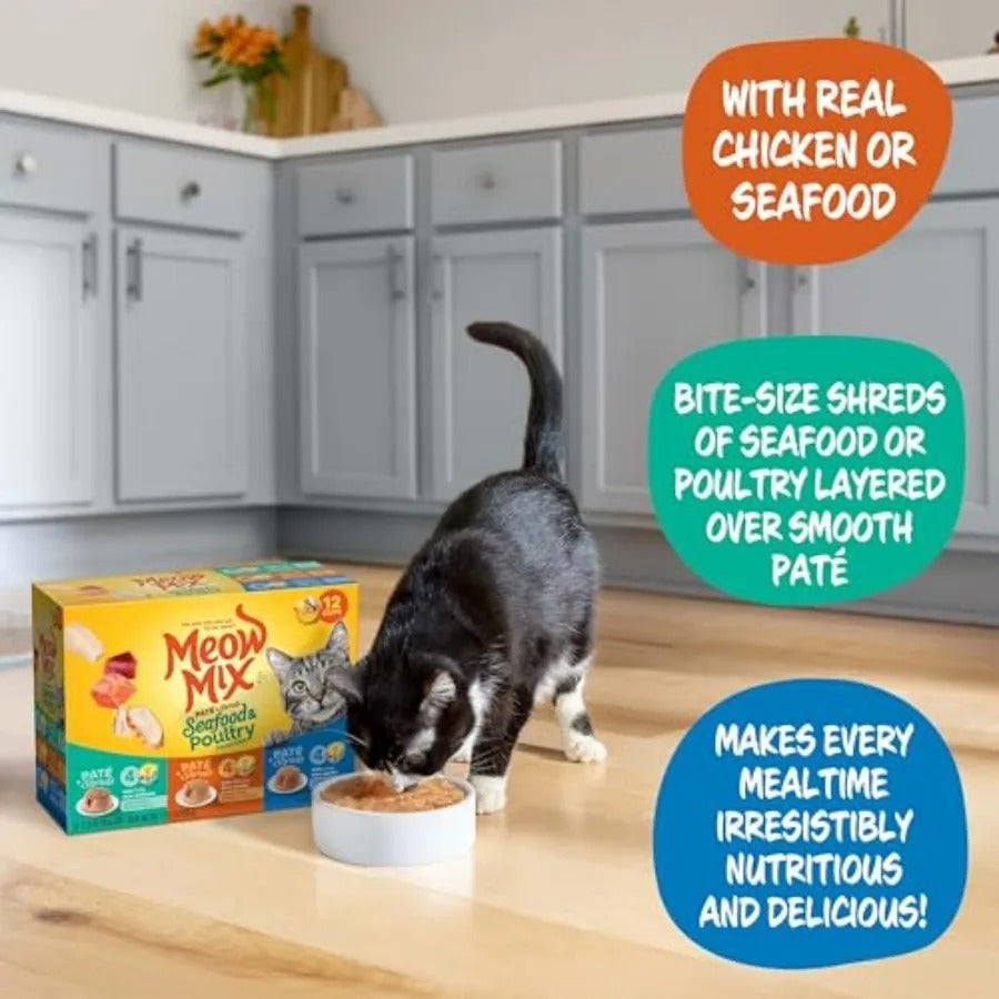 Paté and Shreds Wet Cat Food Variety Pack, Seafood and Poultry Favorites, 2.75 Ounce Cup Pack of 12