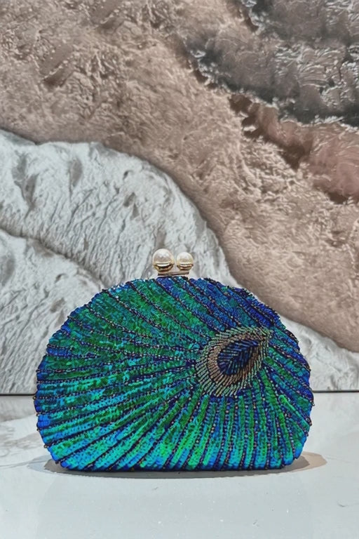 1pc Shiny Retro Sequin Decorated Clutch Bag, Classic Peacock Feather Pattern Evening Handbag, Women's Glittering Crossbody Bag,